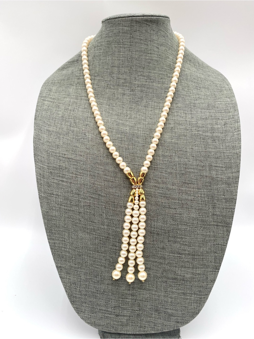 Marvella Necklace White Faux Pearls  Gold Tone Acent Rhinestones 24”